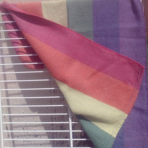 Handwoven cotton hand towel showing both the front and back. The red, orange, yellow, green, blue, and violet stripes are each just shy of 3 inches wide. The towel has a narrow hem.