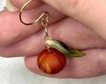 Handmade Peach Earrings: 24k Gold or Silver Plated, Polymer Clay Fruit