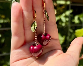 Cherry Earrings: Handmade, Polymer Clay, 24k Gold or Silver Plated Huggies