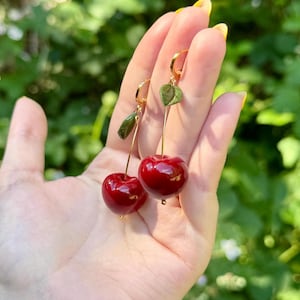 Cherry Earrings: Handmade, Polymer Clay, 24k Gold or Silver Plated Huggies