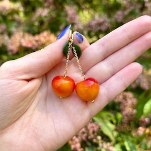 Rainier Cherry Earrings: Handmade, Polymer Clay, 24k Gold or Silver Plated Huggies