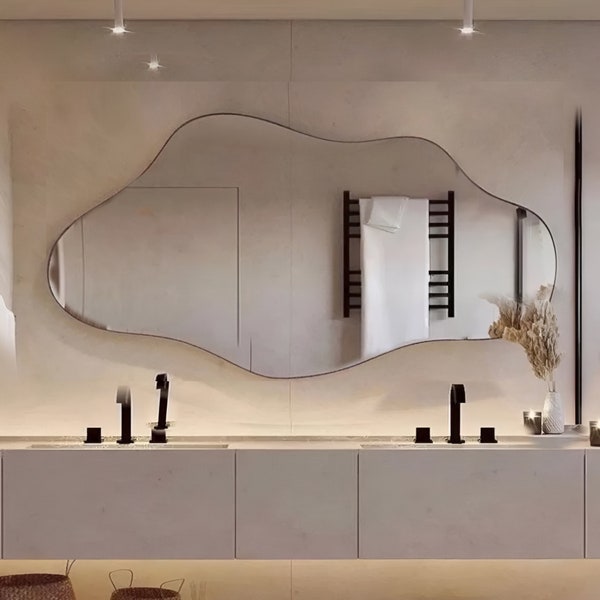 Horizontal Shaped Bathroom Mirror Asymmetrical Console Wall Mirror Irregular Decorative Mirror Curved Large Mirror Home Wall Decor