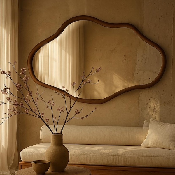 Asymmetrical Wooden Wall Mirror: Modern Irregular Decorative Mirror