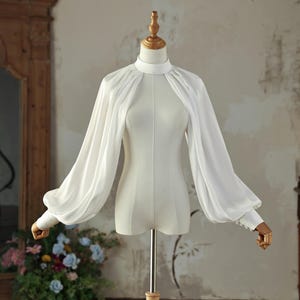 High Neck Open Back Bridal Shrug, Billowy Long Sleeve Wrap with Button Cuffs, Satin Topper for Strapless Wedding & Evening Gown