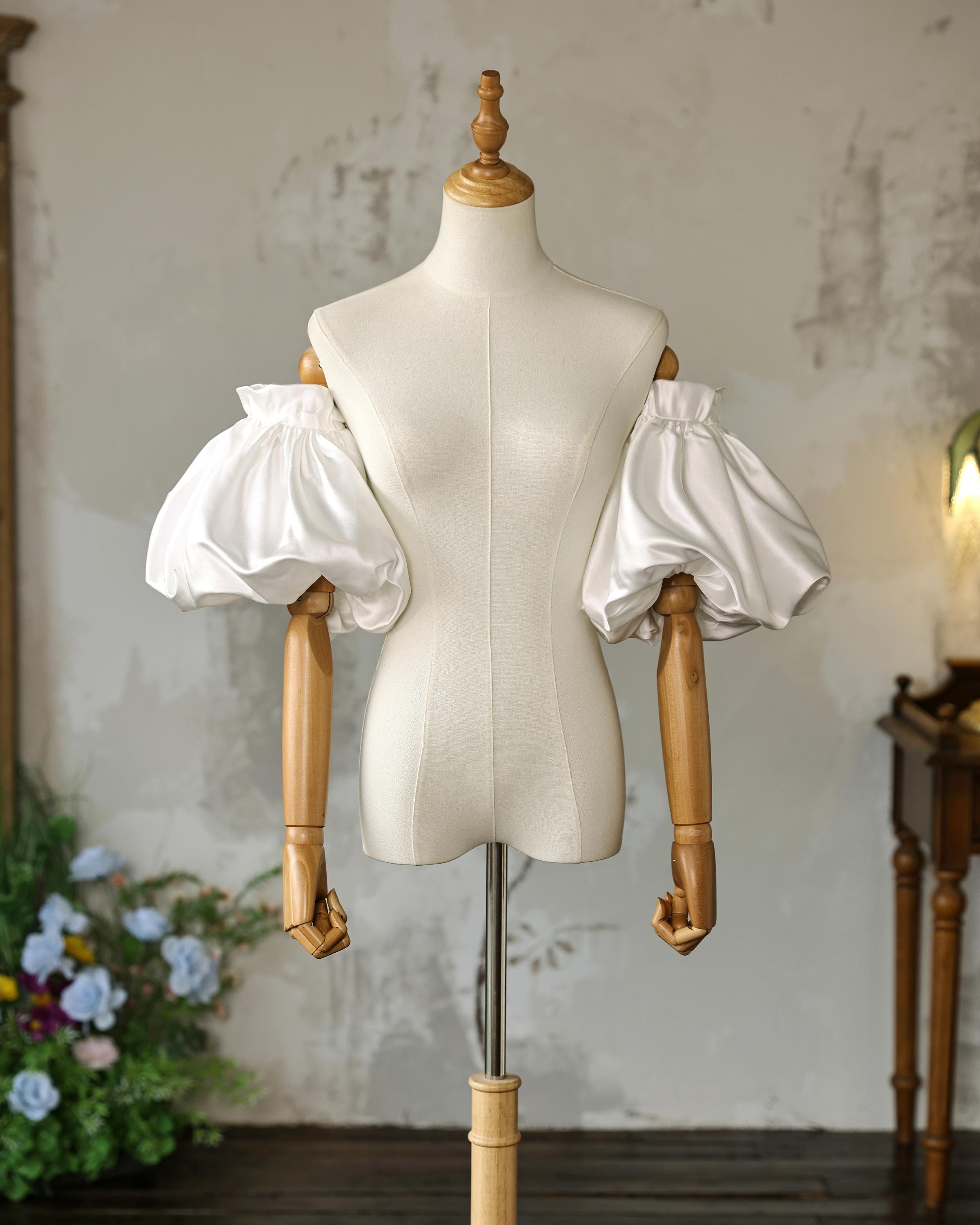 White Satin Puff Wedding Sleeves, Detachable Wedding Dress Sleeves, Short Bridal Pop Sleeves, Custom Any Colors