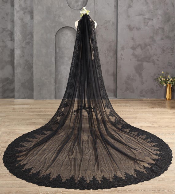 Gothic Black Mantilla Wedding Veil, Spanish Lace Cathedral Veil, Black Bridal Veil with Lace Trim, Cathedral Wedding Headpiece, Halloween