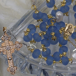 Blue Faceted Glass and Fresh Water Pearls Handmade Rosary
