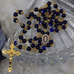 The Virgin Mary / Mixed Blue Glass Handmade Rosary