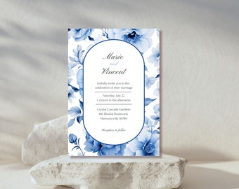 Vintage Floral Wedding Set, Botanical Wedding Invite Set, Printable Invitation Set, DELFT Blue Invitation Template,  Instant Download