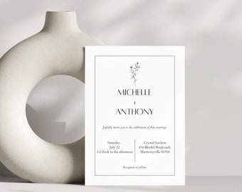 May include: A minimalist wedding invitation with a simple floral illustration. The invitation reads "Michelle + Anthony" and includes the date, time, and location of the wedding ceremony. The text "Reception to follow" is at the bottom of the invitation.