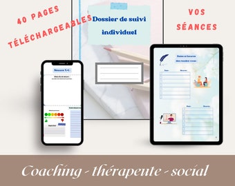 May include: A digital planner template for coaching, therapy, or social sessions. The template is 100% modifiable on Canva and includes 40 downloadable pages. The image shows a tablet, a phone, and a page from the planner with a blue and white background.