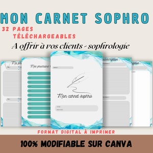 Może przedstawiać: Cyfrowy, drukowany zeszyt do sofrologii, zawierający 32 strony z niebieskim akwarelowym tłem i rysunkiem piórem. Tekst na okładce brzmi "Mon carnet sophro" i "100% modifiable sur Canva".