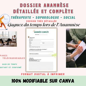Può includere: Un modulo digitale stampabile intitolato "Anamnesi Completa" con 13 pagine. Il modulo è progettato per terapeuti e sofrologi per aiutarli a raccogliere informazioni dai clienti. Il modulo è modificabile al 100% su Canva.