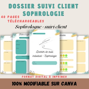 Peut inclure: Un dossier de suivi client pour sophrologue, imprimable et numérique. Le dossier comprend 40 pages et est 100% modifiable sur Canva. La couverture présente un fond aquarelle bleu et vert avec une illustration de plume et d'encrier. Le texte "Dossier Suivi Client Sophrologie" est en gras, en noir.