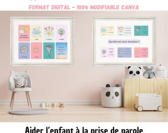 May include: A printable poster with a weather theme for emotions. The poster features a colorful design with illustrations of different weather conditions and corresponding emotions. The text on the poster reads "Affiche météo des émotions" and "Qu'elle est mon émotion?"
