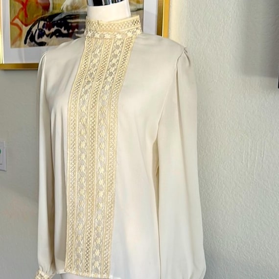 1980s romantic Lisa Evans lace overlay ivory blouse