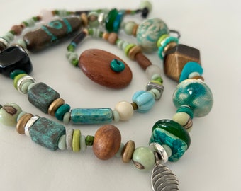 Ocean Break - Blue Rustic Stoneware, Glass and Australian Timber Beaded Necklace