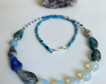 Stella by the Sea Necklace - Moonstone, Recycled Glass and Czech Glass with Sterling Silver Clasp