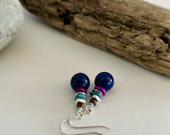 Lapis Lazuli Galaxy Earrings | Gemstone Ceramic and Glass Beaded Charm Earrings | Sterling Silver