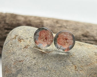 Rose bloom Post Earrings | Art Glass Cabochons | Stainless Steel Studs