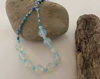 Lunar Necklace - Moonstone and Czech Glass with Sterling Silver Clasp