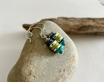 Marine Life Earrings - Blue, Green and Silver Ceramic Beaded Earrings with Sterling Silver Hooks