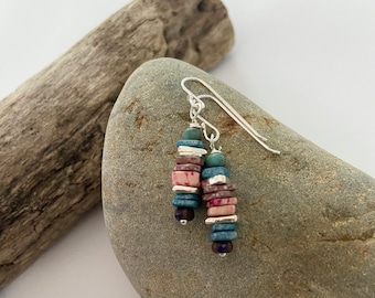 Small Stack Earrings | Ceramic Magenta Blue Beads, Stack Earrings | Sterling Silver