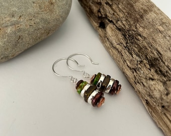 Bohemian Bronze Earrings | Ceramic Bronze, Silver and Moss Green Beads, Stack Earrings | Sterling Silver