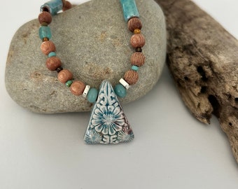 Botanical Ceramic Pendant - Glass and Wooden Beaded Necklace with Sterling Silver Clasp