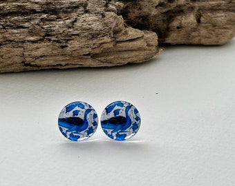 Blue Peacock Post Earrings | Art Glass Cabochons | Stainless Steel Studs