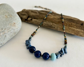 Lapis Lazuli Galaxy Necklace | Gemstone Coral and Glass Beaded Necklace | Sterling Silver