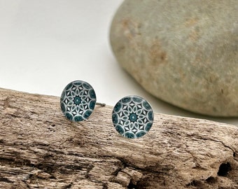 Denim Blue Mandala Post Earrings | Art Glass Cabochons | Stainless Steel Studs
