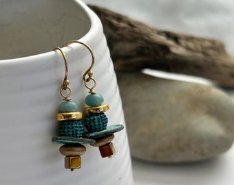 Turquoise Blue and Gold Earrings | Ceramic, Copper and Glass Beaded Charm Earrings | Gold Filled Sterling Silver Hooks