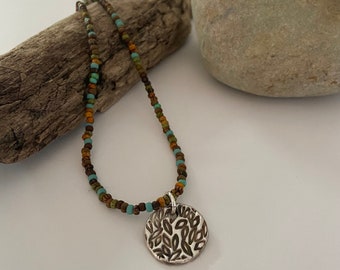 Autumnal Necklace - Fine Silver Leaf Pendant with Rustic Glass Beaded Necklace and Sterling Silver Clasp