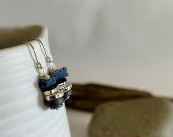 Steel Silver Earrings | Ceramic and Denim Blue Coral Beaded Charm Earrings | Sterling Silver