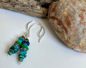 Small Blue Sea Stack Earrings | Ceramic Beads, Stack Earrings | Sterling Silver