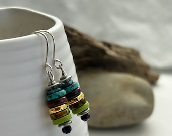 Bohemian Green Earrings | Ceramic Green Blue Beads, Stack Earrings | Sterling Silver