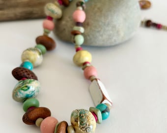 Côte d’Azur - Rustic Stoneware, Glass and Australian Timber Beaded Necklace