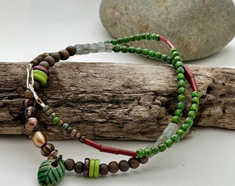 Leaves For the Trees Necklace - Rustic Glass and Wooden Beads, Ceramic Leaf and Pearls with Sterling Silver clasp