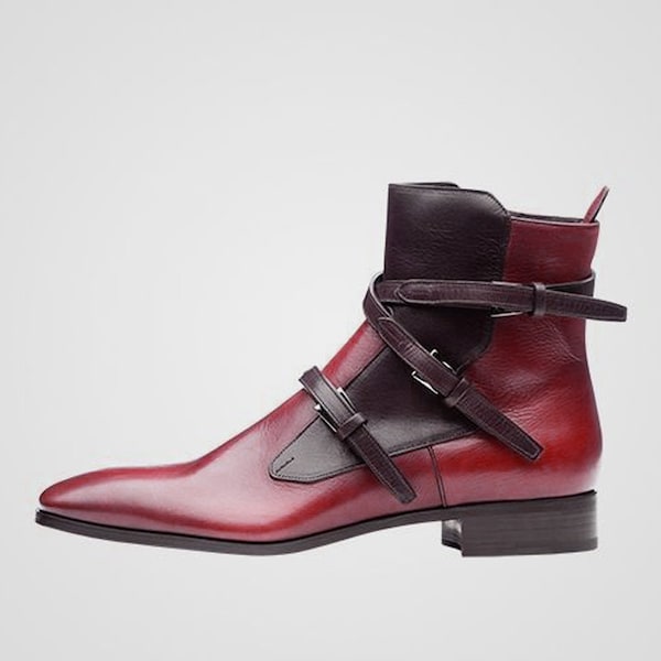 Men's Handmade Burgundy Black Color Leather Ankle High Triple Monk Strap Boots