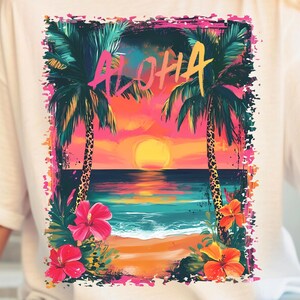 Aloha Sunset Beach PNG, Tropical Summer Vibes Sublimation Design, Retro Coastal Vacation Clipart, Palm Trees Ocean Sunrise Printable PNG