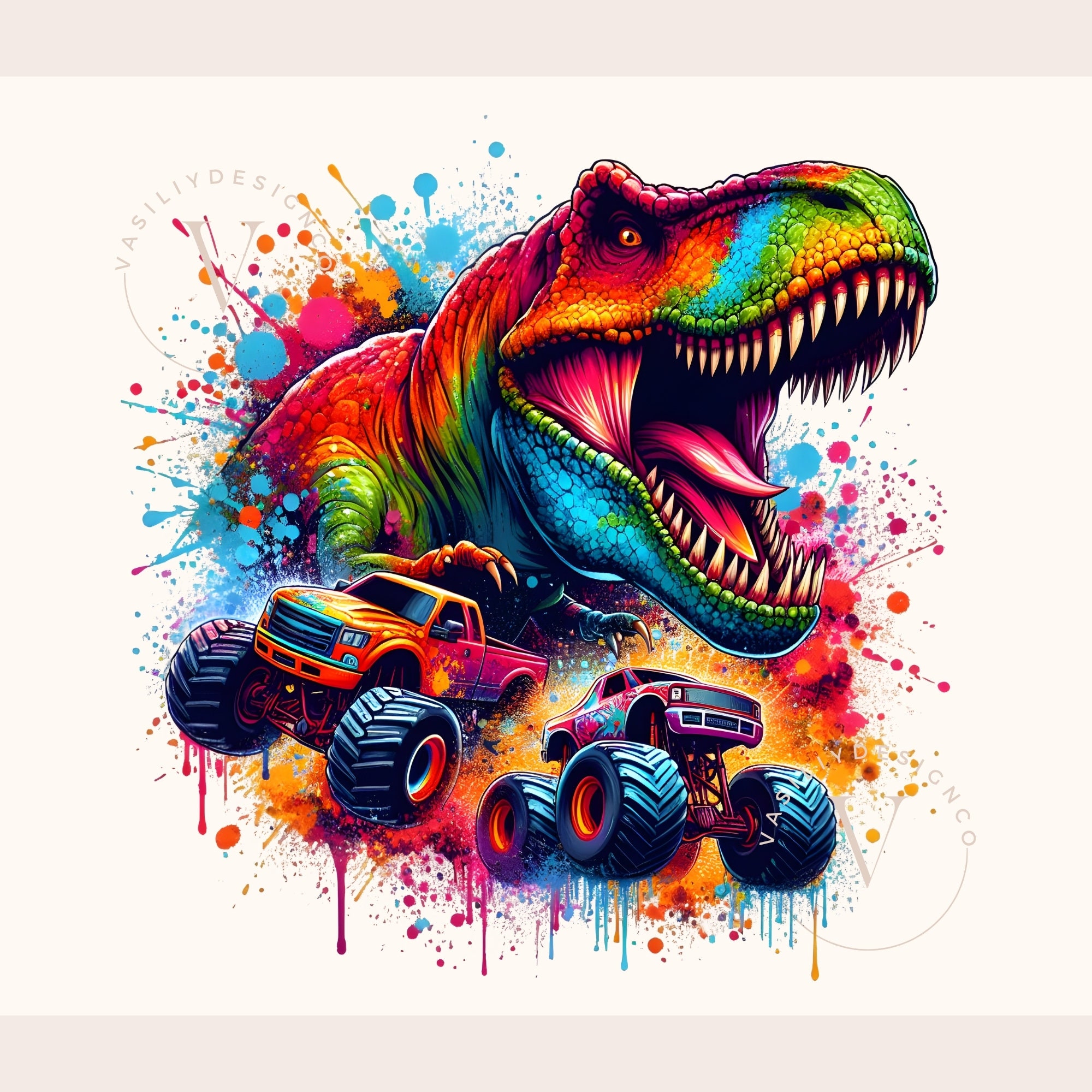 7 Dinosaur and Big Trucks splash Watercolor Png Sublimation | Dinosaur Birthday Png | Dinosaur Watercolor Design Png | Tshirt Design Png