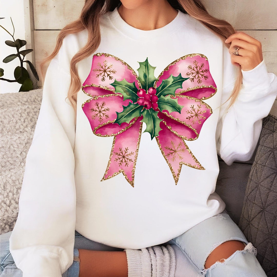 Vintage Pink Bow PNG Bundle, Coquette Christmas Design With Red Holly ...
