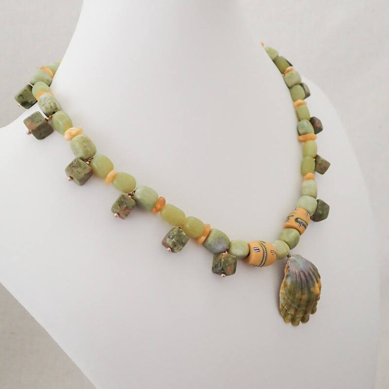 Amber and African bead Necklace Chrysoprase Kauai Sunrise Shell Unakite