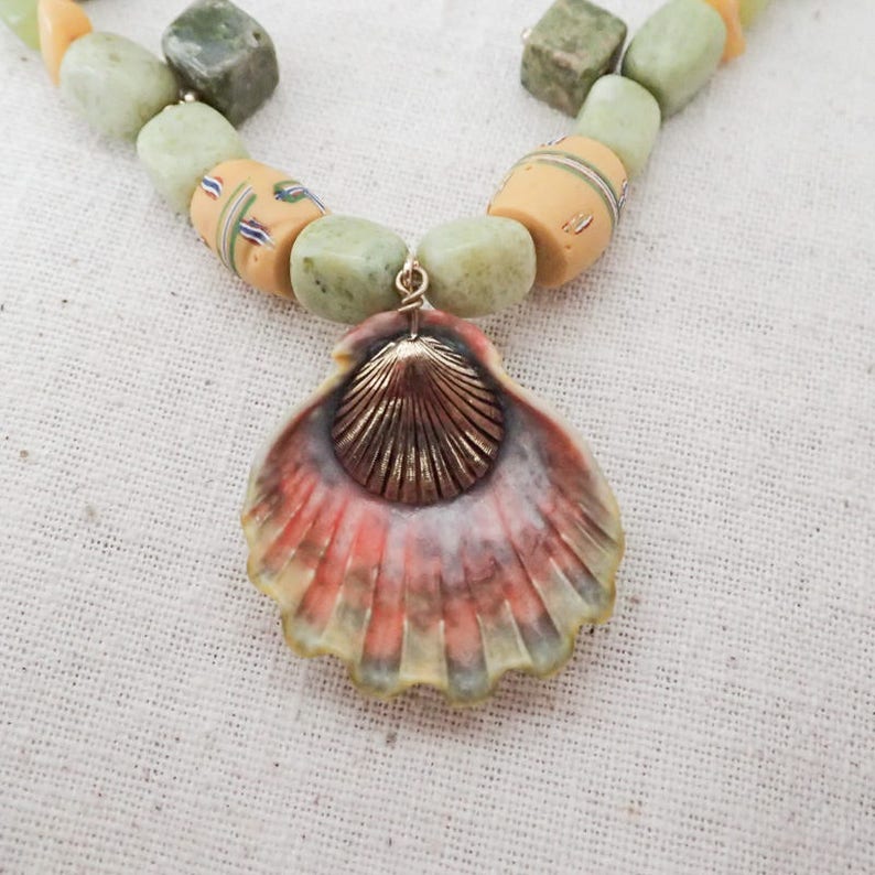 Amber and African bead Necklace Chrysoprase Kauai Sunrise Shell Unakite