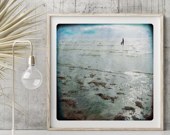 Seascape Photography Print: Blue Ocean, Beach Silhouette, Watercolor Art