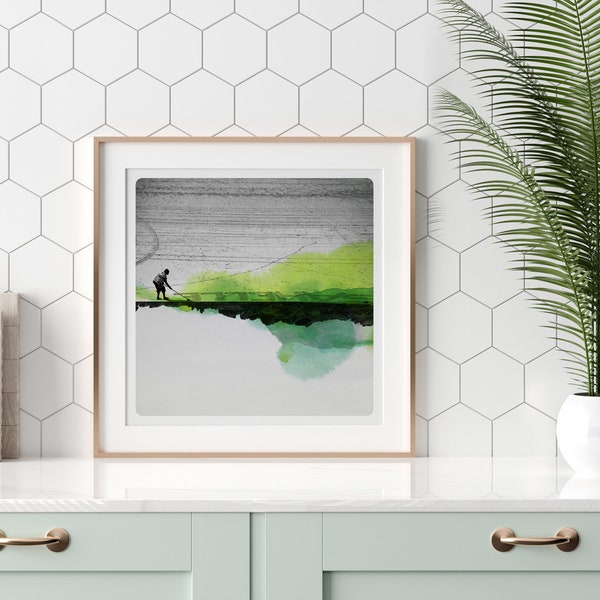 Photographie noir et blanc aquarelle verte Plage Silhouette Peche a pied Normandie Hauteville sur mer MIROIR TRACE