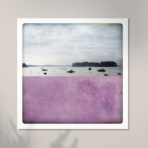 Photography of small fishing port with boats and buoys at sunset  with a textured lavender-colored paint block Fine art print POLE LAVANDE