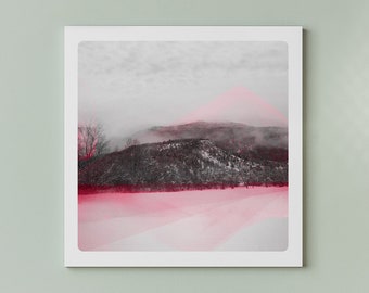 Black and white photography of snowy mountain   with pink painted additions  Fine art print MONT FROSE