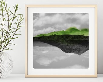 Landscape photography Mountain Fine Art Print  WaterColor paints Black and white Green Wall modern art nature inspired decor VOLCANS